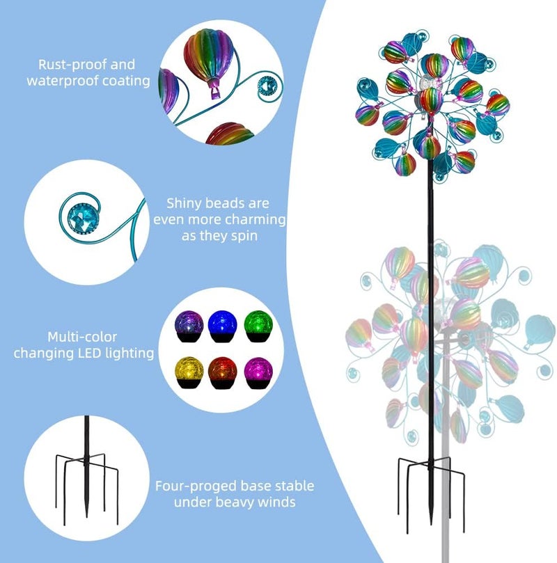 VEWOSTAR Solar Wind Spinners Outdoor,Hot Air Balloon Wind Spinner with LED Glass Ball,Muti-color Wind Spinners for Yard and Garden,Pinwheels Kinetic Wind Spinner,Wind Sculptures & Spinners for Pathway - Image 2